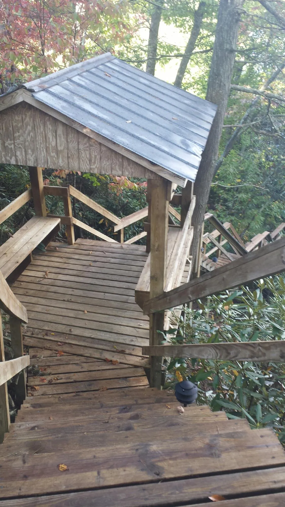 Metal roofed shelter over wooden steps on a wooded walkway — Skylight Repair & Installation work by our crew in Euless